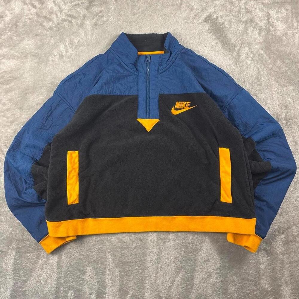 Nike Women’s Cropped Half Zip Fleece Pullover Jacket Medium Black Blue Orange